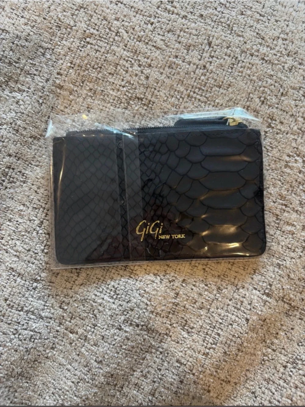 GiGi New York Black Snake-Embossed Leather Card Wallet with Gold Logo